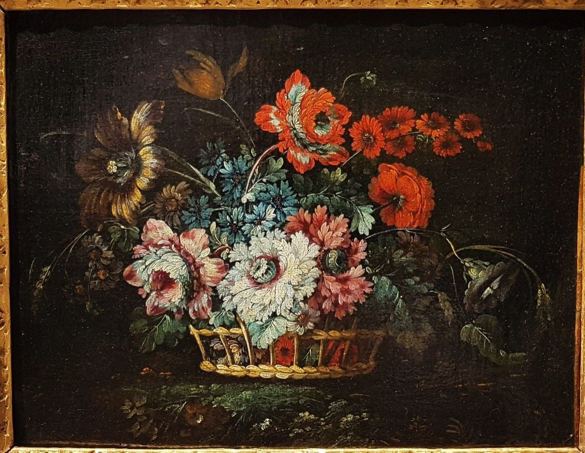 Spanish School 17th Century Basket Of Flowers