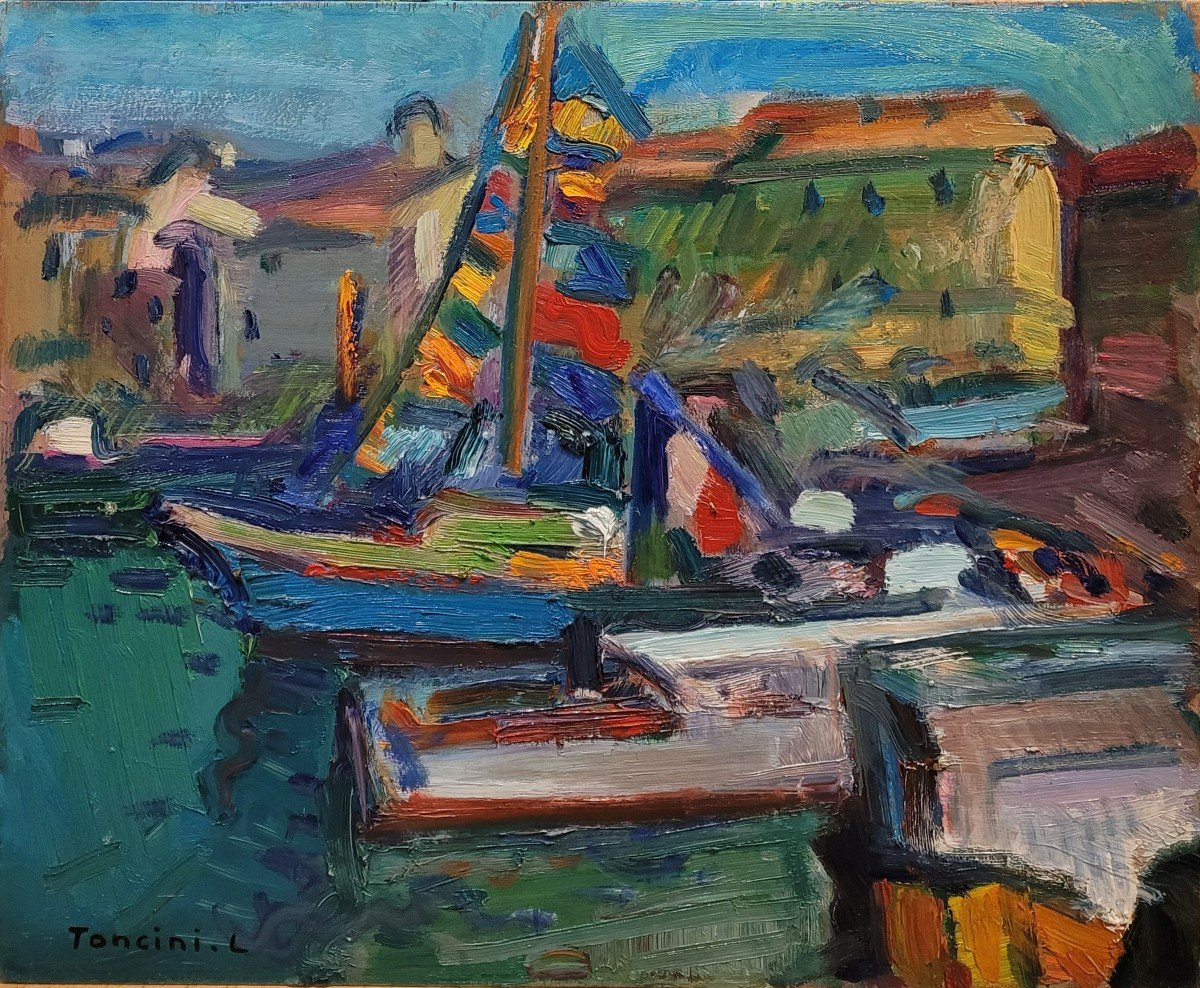 Louis Toncini (1907-2002) Marseille Boats Decorated In The Old Port