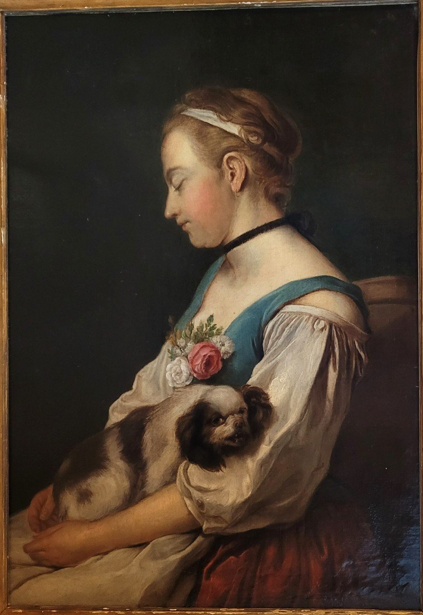 Ecole Italienne du XVIIIe siècle Jeune femme et son chien-photo-2