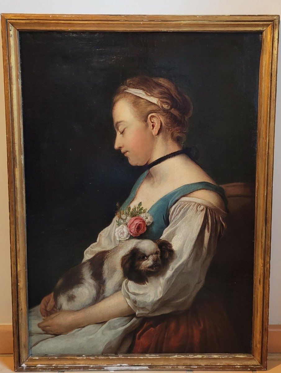 Ecole Italienne du XVIIIe siècle Jeune femme et son chien-photo-3