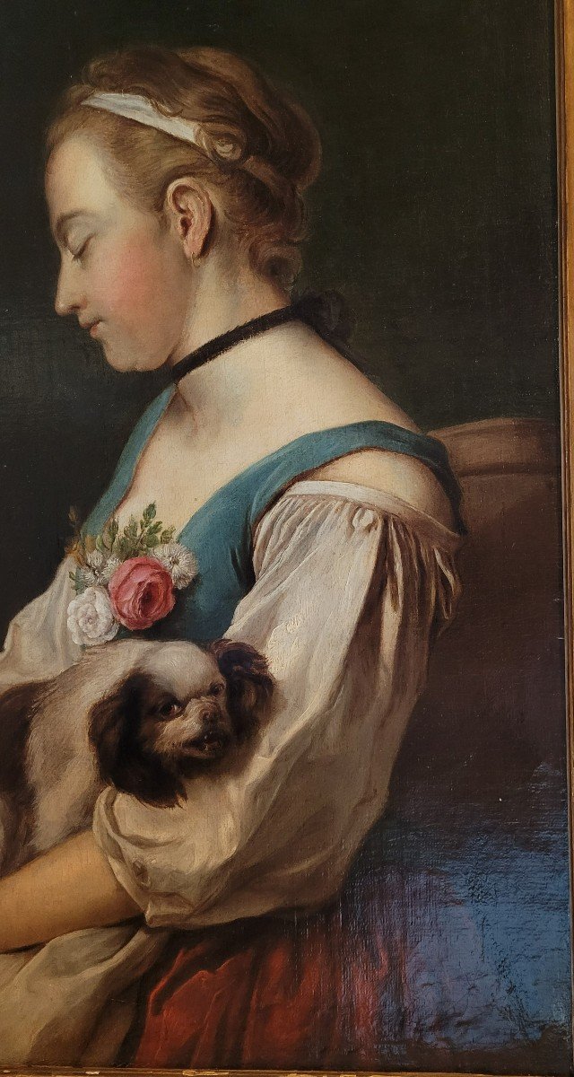 Ecole Italienne du XVIIIe siècle Jeune femme et son chien-photo-4