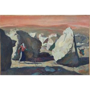 Maurice Delavier (1902-1986)  Femme dans un paysage surréaliste