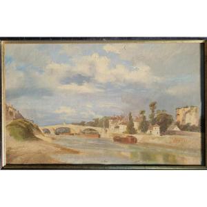 French School 19th Landscape At The Bridge