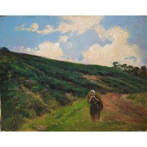 Jean Louis Brémond (1858-1943) Fécamp, Peasant Woman On The Path Of Val Aux Clercs