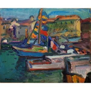 Louis TONCINI (1907-2002)   Marseille Bateaux pavoisés dans le Vieux Port