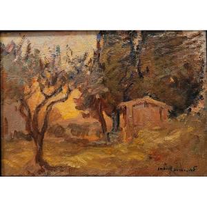 Marcel Arnaud (1877-1956) Paysage aux oliviers et cypr&egrave;s, soleil couchant