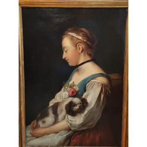 18th Century Italian School Young Woman And Her Dog