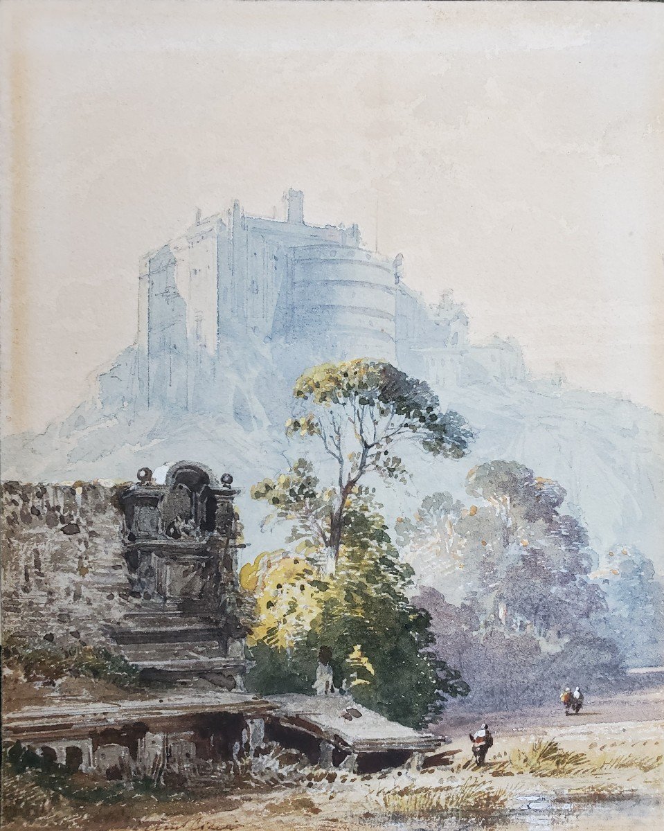 Eugène CICERI (1813-1890), Aquarelles, Paysage Au Château Et Rue Animée. -photo-1