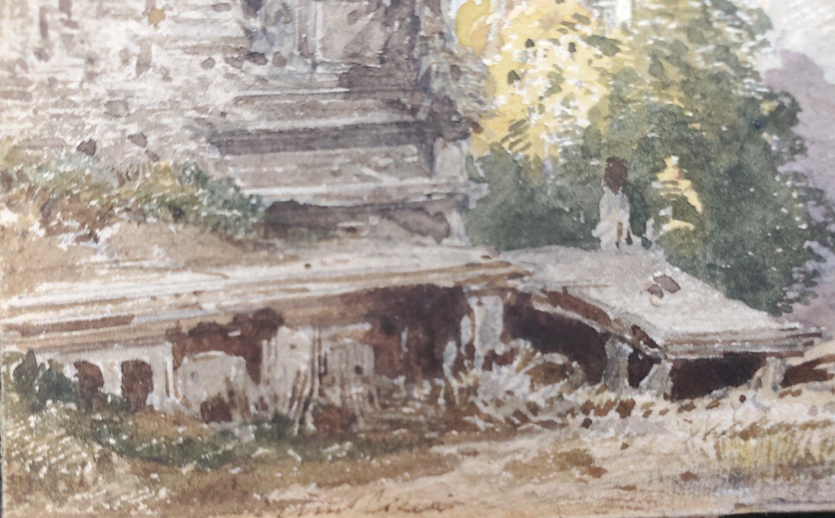 Eugène CICERI (1813-1890), Aquarelles, Paysage Au Château Et Rue Animée. -photo-2