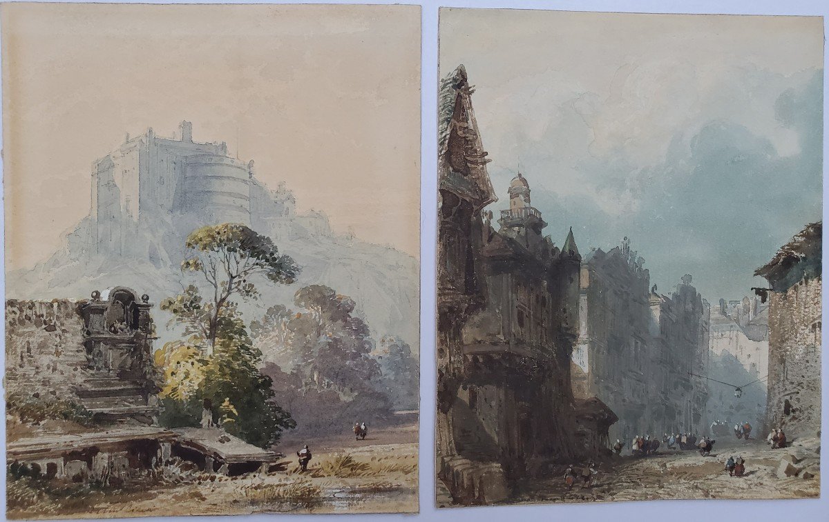 Eugène CICERI (1813-1890), Aquarelles, Paysage Au Château Et Rue Animée. 