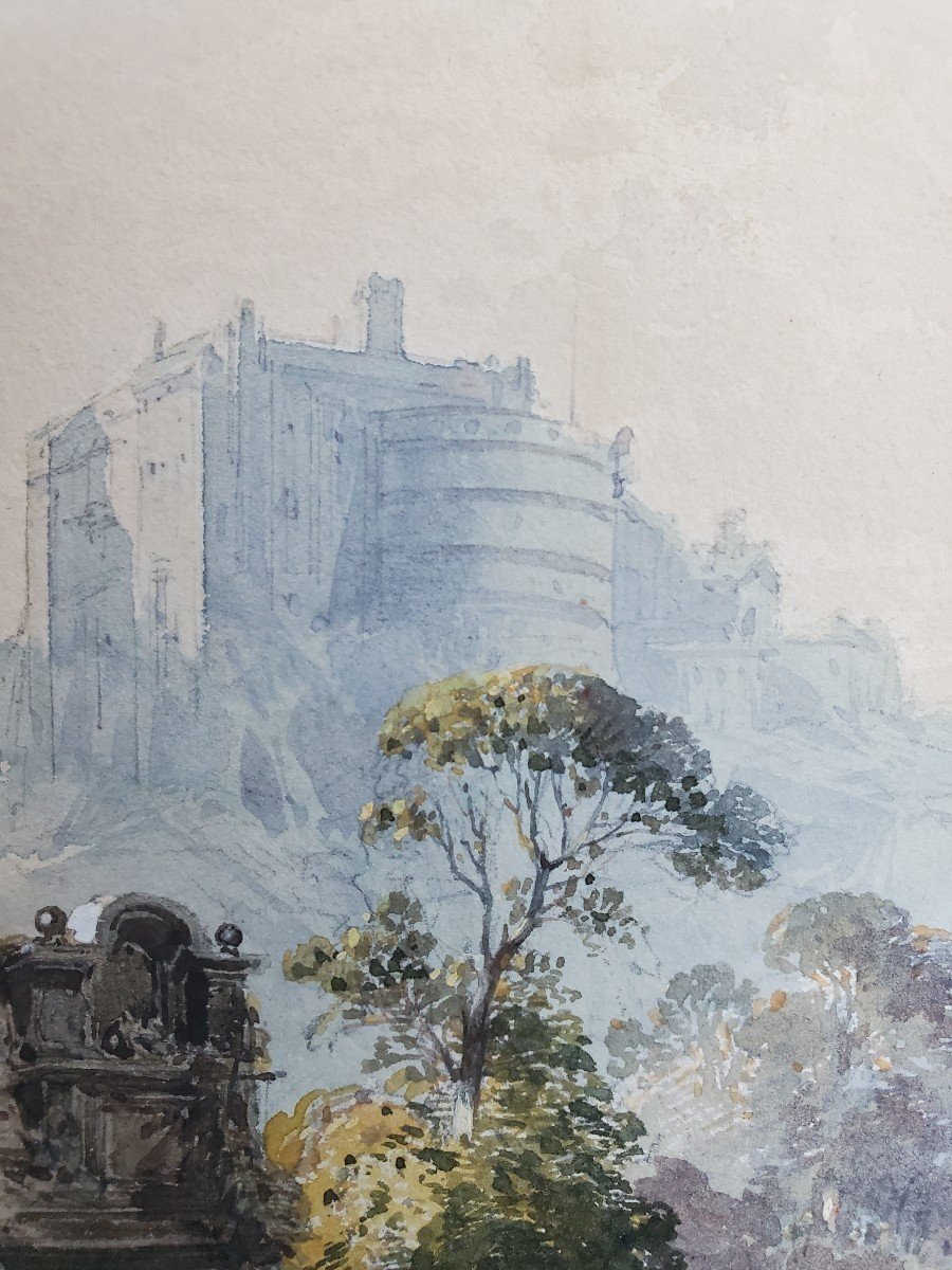 Eugène Ciceri (1813-1890), Aquarelles, Paysage Au Château Et Rue Animée.-photo-3