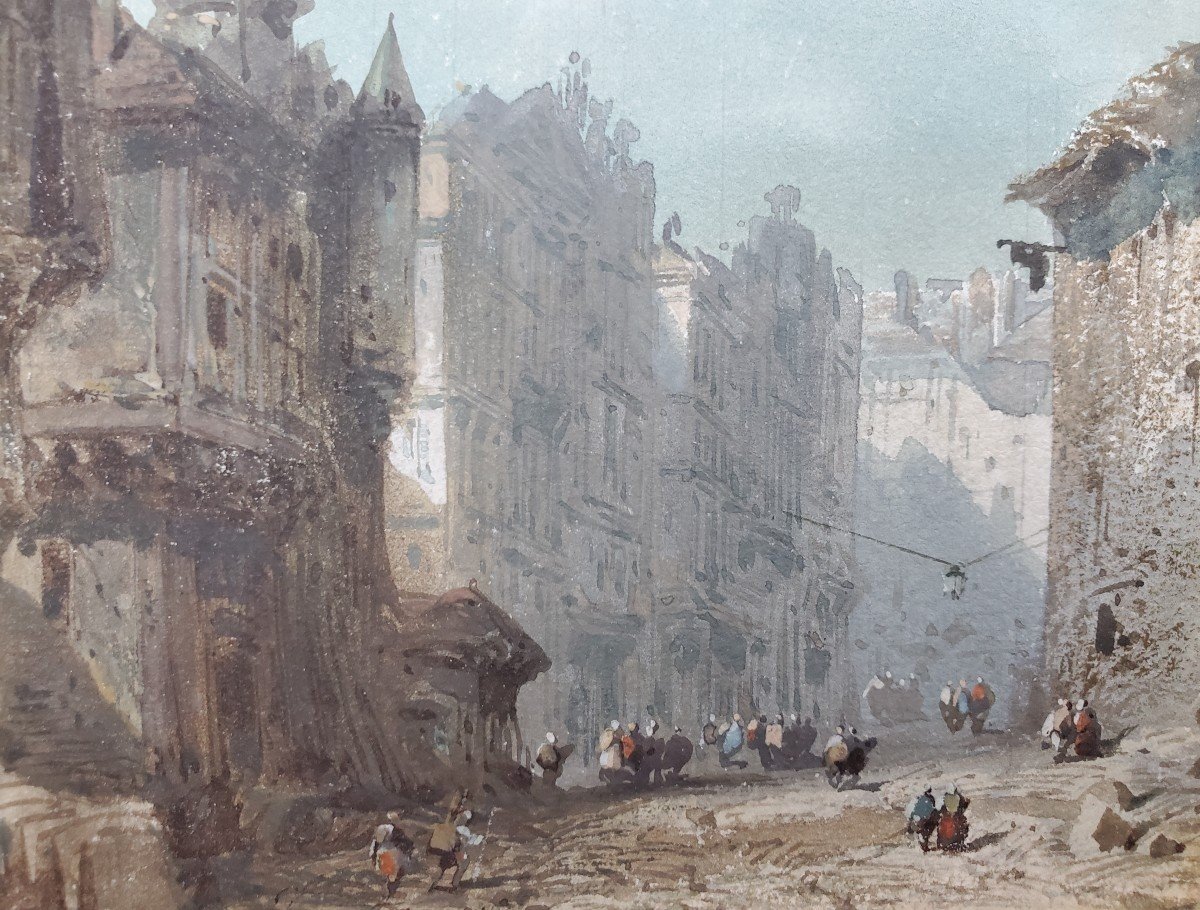 Eugène Ciceri (1813-1890), Aquarelles, Paysage Au Château Et Rue Animée.-photo-1