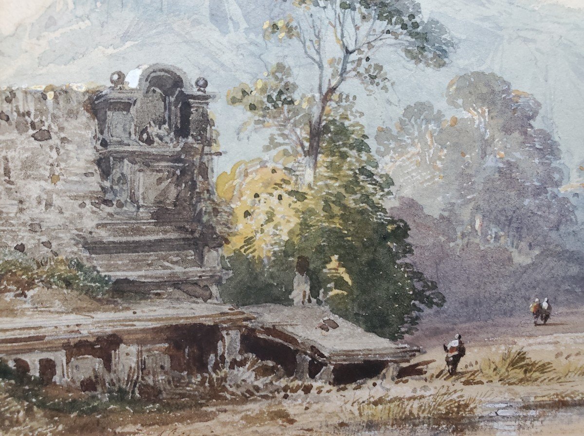 Eugène Ciceri (1813-1890), Aquarelles, Paysage Au Château Et Rue Animée.-photo-4