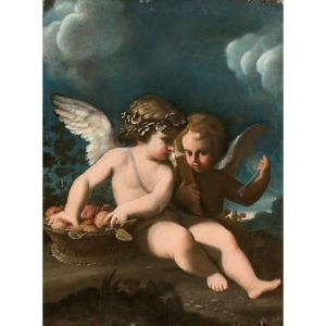 Bartholomeo Schedone (1578-1615), Deux Putti Assis Près D’une Corbeille De Fruits.