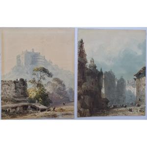 Eugène Ciceri (1813-1890), Watercolors, Landscape With Castle And Lively Street.