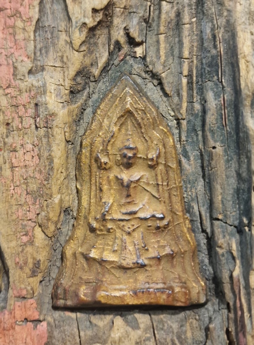 Thailand - Wooden Stele Comprising 10 Tsa-tsa In Golden Wood - Rattanakosin-photo-1