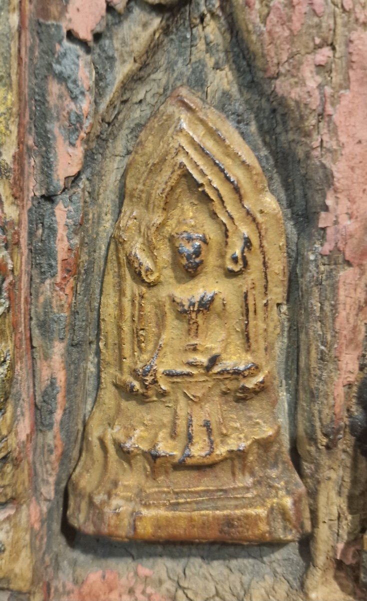 Thailand - Wooden Stele Comprising 10 Tsa-tsa In Golden Wood - Rattanakosin-photo-5