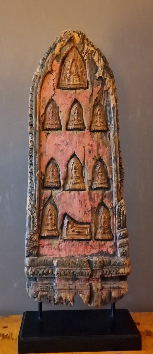 Thailand - Wooden Stele Comprising 10 Tsa-tsa In Golden Wood - Rattanakosin