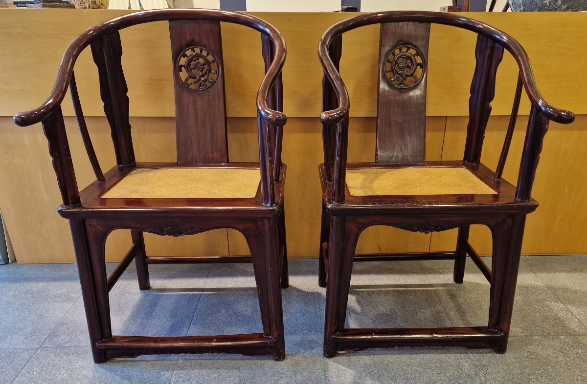 China - Pair Of Horseshoe Armchairs In Canework - Circa 1900