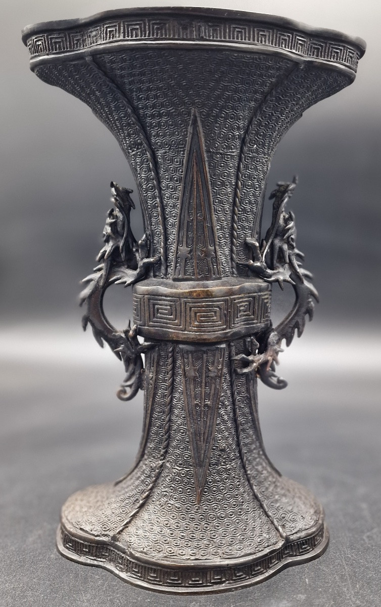 Japon – Paire De Vases Gu Décor Dragons - Bronze – Meiji – 1900-photo-3