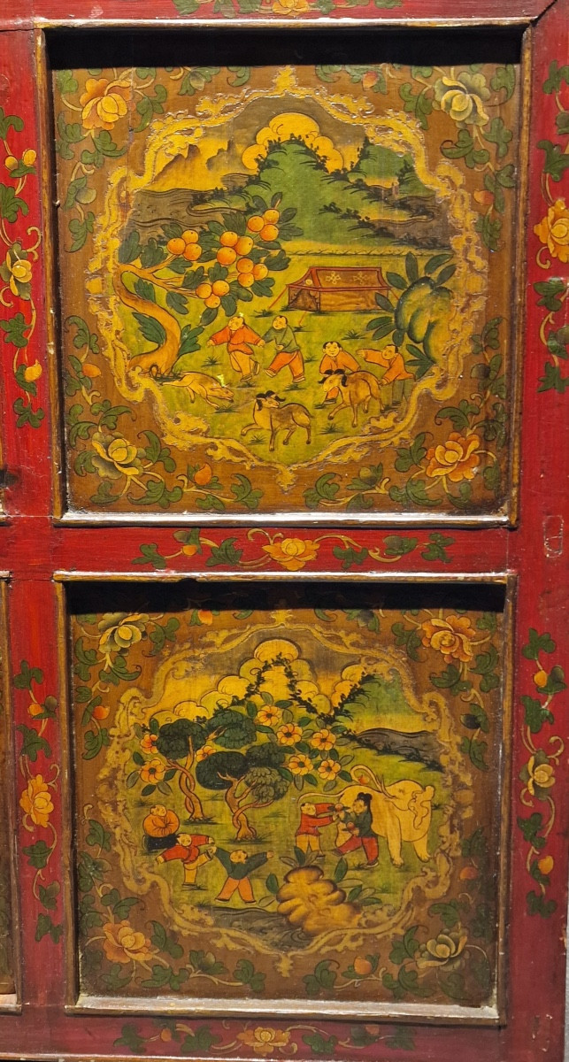 Tibet – Cabinet With Lake Decor And Figures – 4 Doors – 19th Century.-photo-2