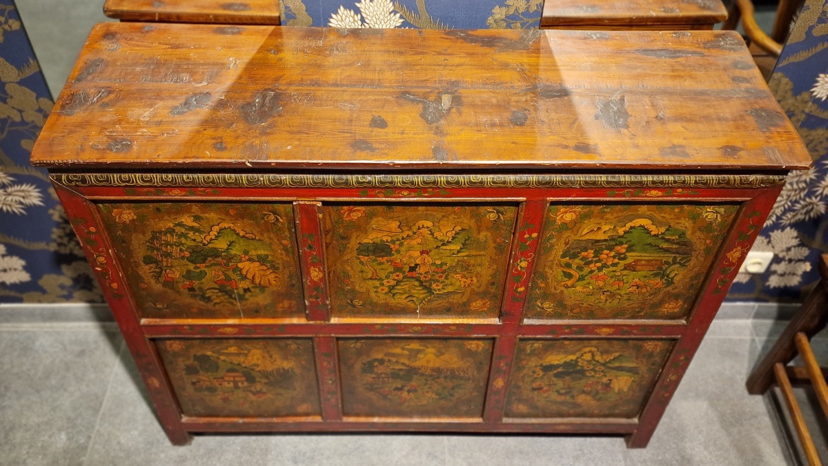 Tibet – Cabinet With Lake Decor And Figures – 4 Doors – 19th Century.-photo-2