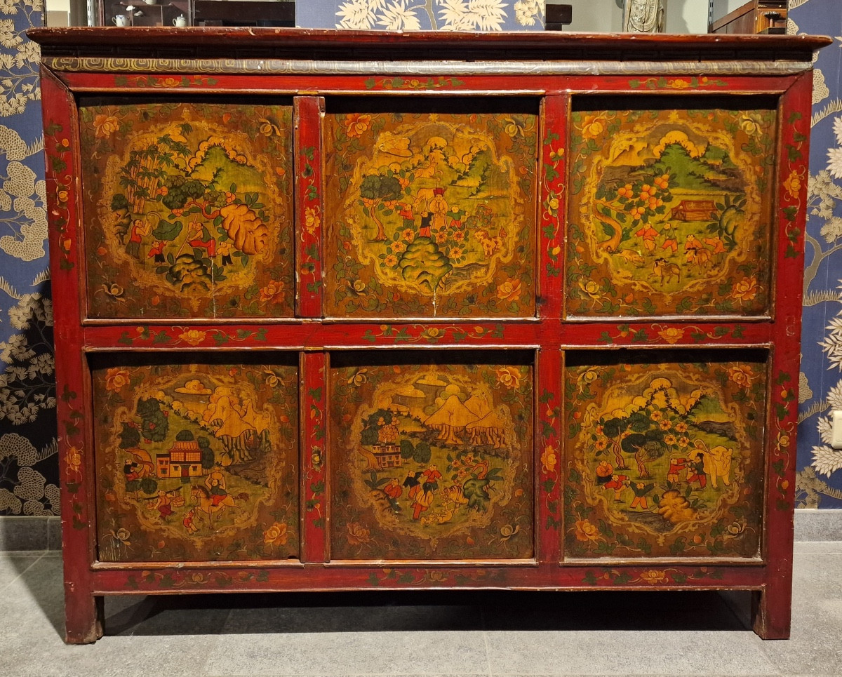 Tibet – Cabinet With Lake Decor And Figures – 4 Doors – 19th Century.