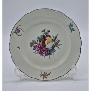 Rare Tournai Soft Porcelain Dessert Plate Decorated With Cut Fruits. 18th.