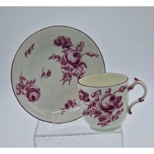 Cup And Saucer In Soft Porcelain From Tournai With Floral Decor In Purple Shades. 18th.