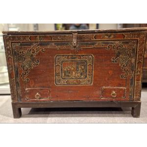 Tibet - Chest With Opening Tray - Cartouche Decor - 19th Century.