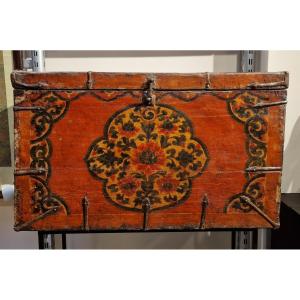 Tibet - Wooden Chest Painted On Fabric - Floral Decor - 18/19th.