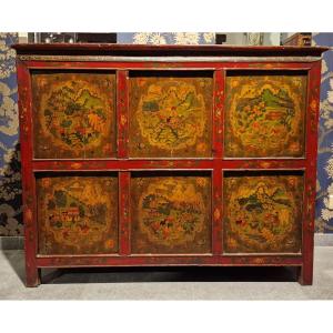 Tibet – Cabinet With Lake Decor And Figures – 4 Doors – 19th Century.