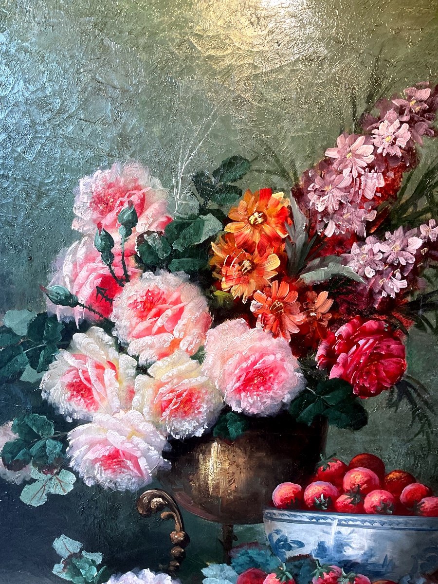 Painting By Max Carlier (1872-1938) Bouquet Of Flowers And Fruits On An Entablature, 19th -photo-3