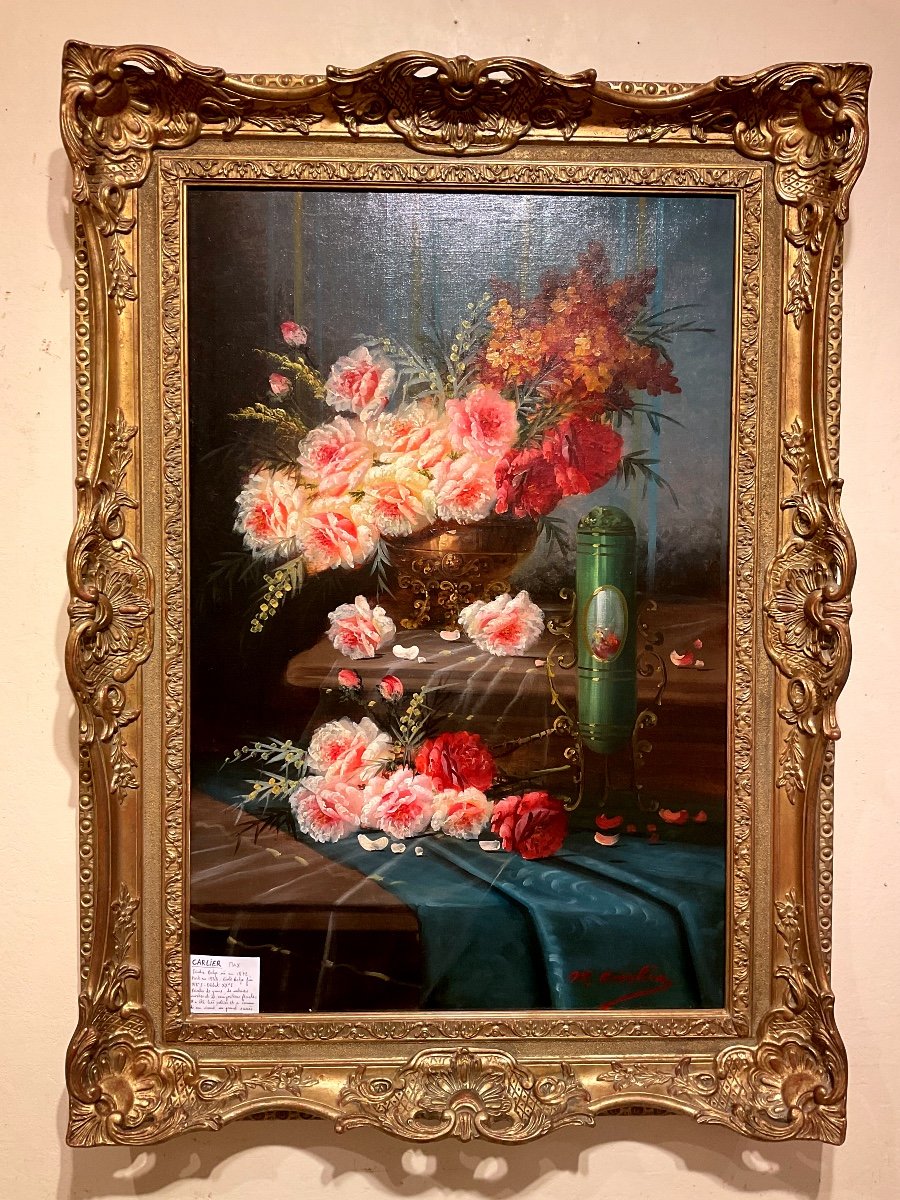 Max Carlier (1872-1938)  Paire De Tableaux De Bouquets De Fleurs