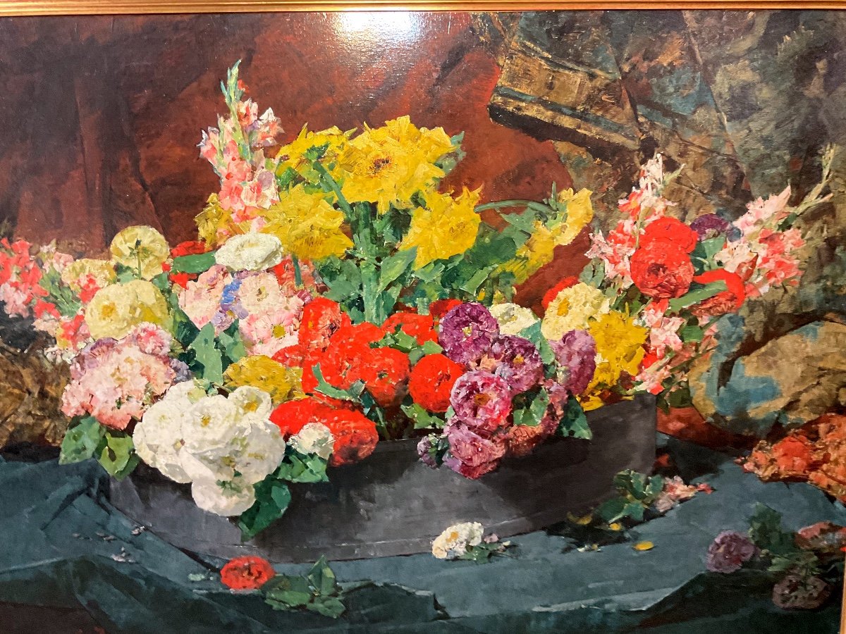 Painting By Georges Jeannin (1841-1925) “flowers On An Entablature”-photo-4