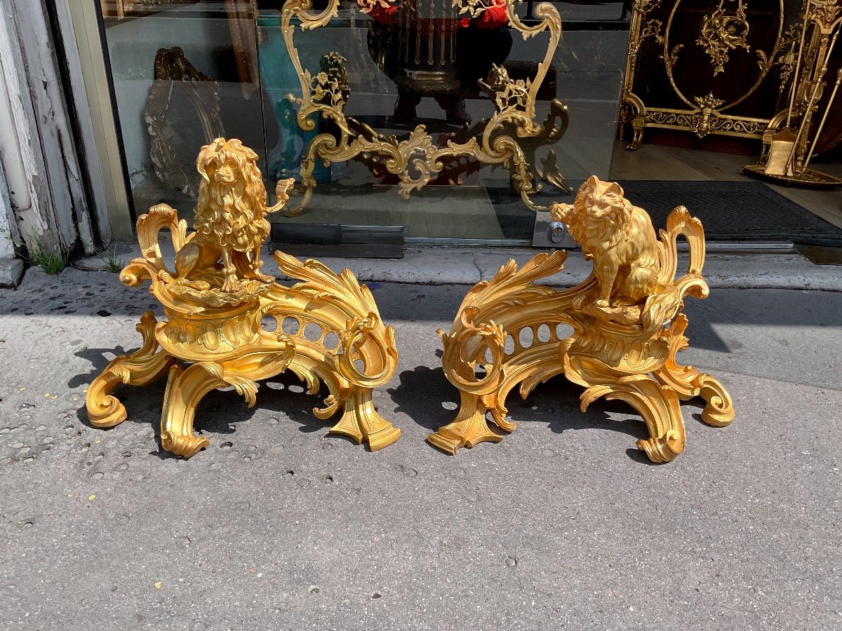 Pair Of Louis XV Style Andirons In Gilt Bronze Napoleon III Period