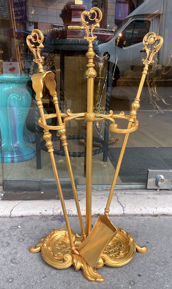 Fireplace Set From The 19th Century And Louis XV Style In Gilt Bronze