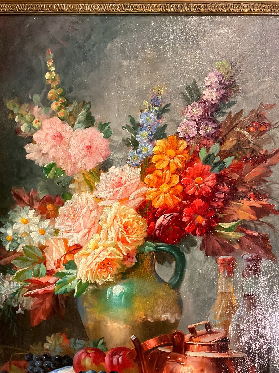 Painting By Max Carlier (1872-1938) Entablature With Bouquet Of Flowers And Fruits -photo-2