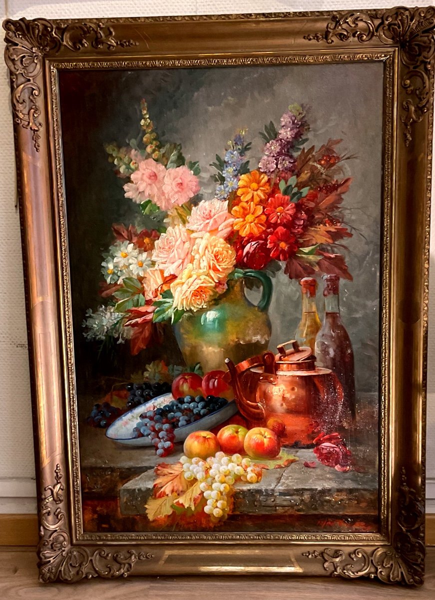 Painting By Max Carlier (1872-1938) Entablature With Bouquet Of Flowers And Fruits 