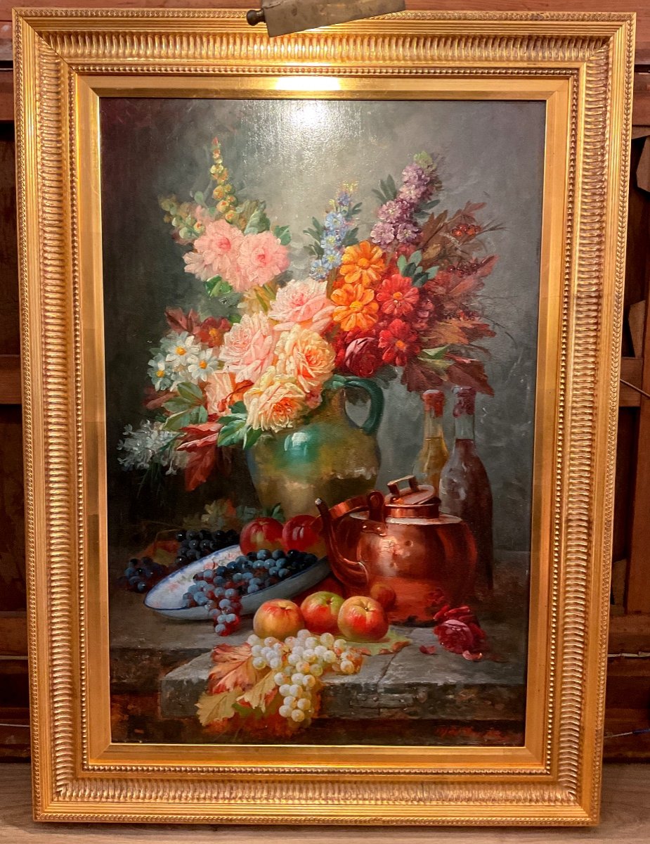 Painting By Max Carlier (1872-1938) Entablature With Bouquet Of Flowers And Fruits 