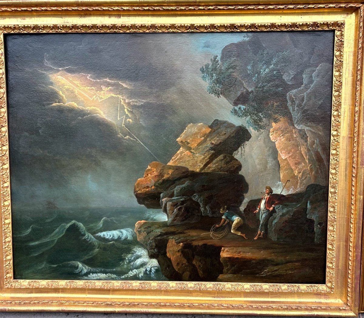 Paire De Tableaux Fin 18 Eme «  Scènes De Bord De Mer Et Tempête «  Suiveur De Vernet -photo-3