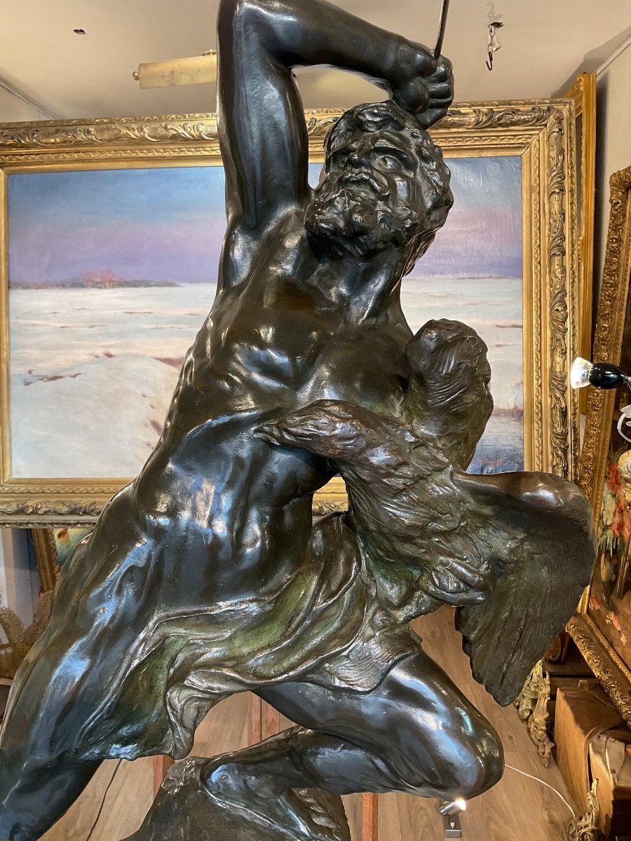 Bronze Et Colonne En Marbre Par Jeff Lambaux(1852-1908) Le chasseur d Aigle -photo-1