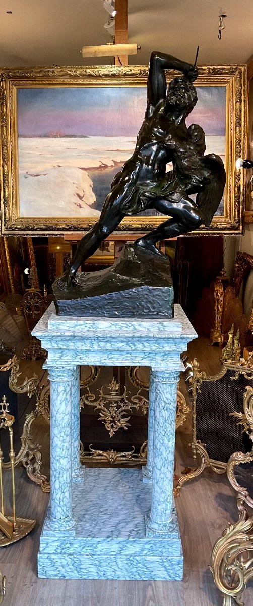 Bronze Et Colonne En Marbre Par Jeff Lambaux(1852-1908) Le chasseur d Aigle 