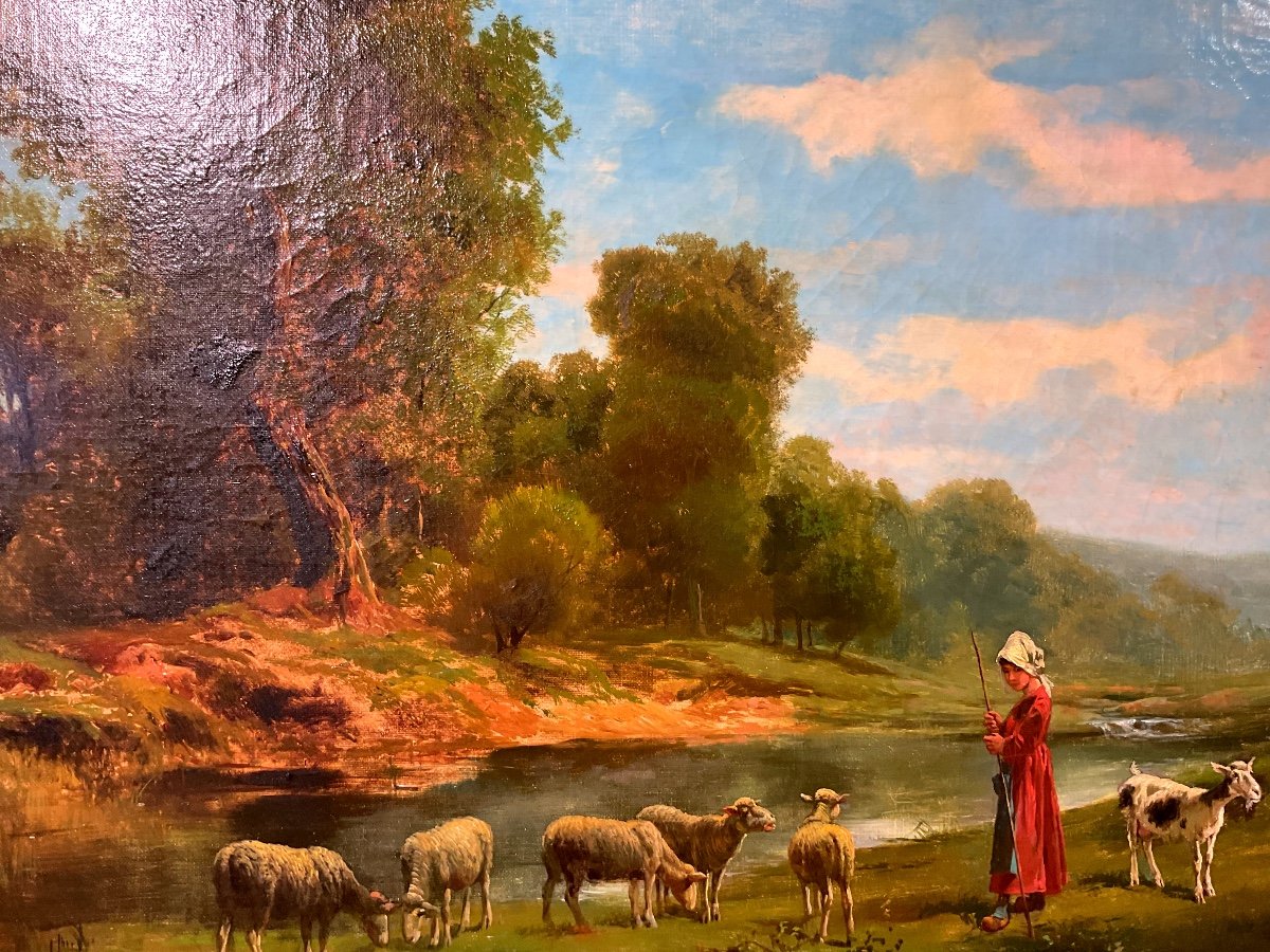 Painting By Théodore Levigne (1848-1912): “shepherdess And Her Sheep On The River Bank”-photo-2