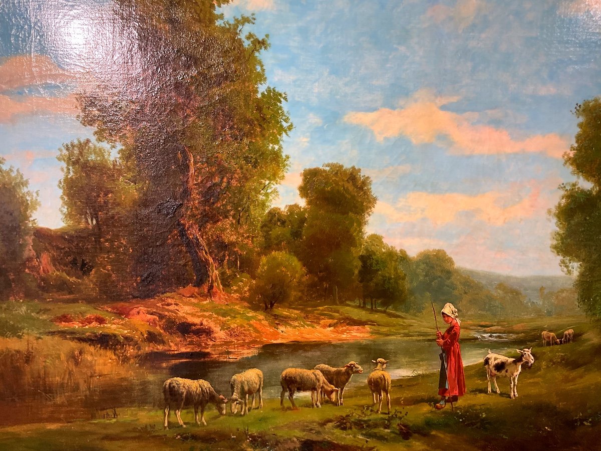 Painting By Théodore Levigne (1848-1912): “shepherdess And Her Sheep On The River Bank”-photo-4