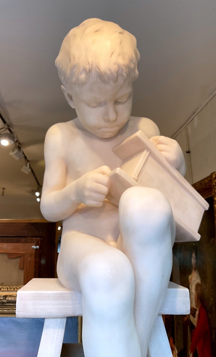 Sculpture En Marbre Par Emmanuel Villanis (1858-1914) «  L Enfant Et La Souris « -photo-2