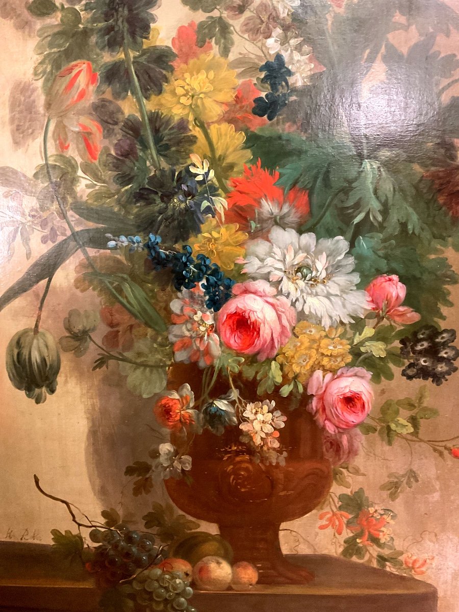 Tableau Par Henri Robbe (1807-1899) « bouquet De Fleur Aux Fruits Dans Un Vases Médicis « -photo-2