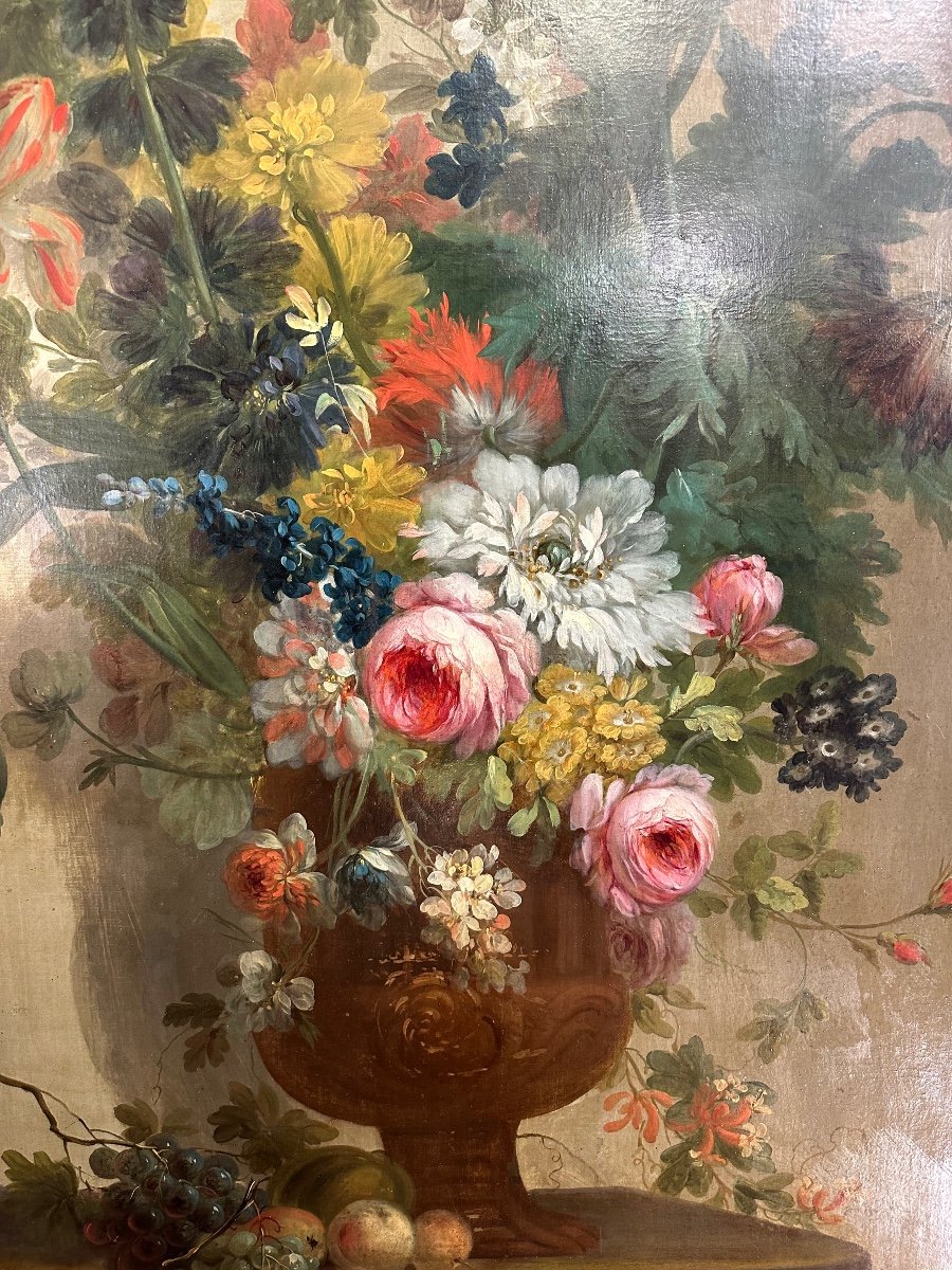 Tableau Par Henri Robbe (1807-1899) « bouquet De Fleur Aux Fruits Dans Un Vases Médicis « -photo-2