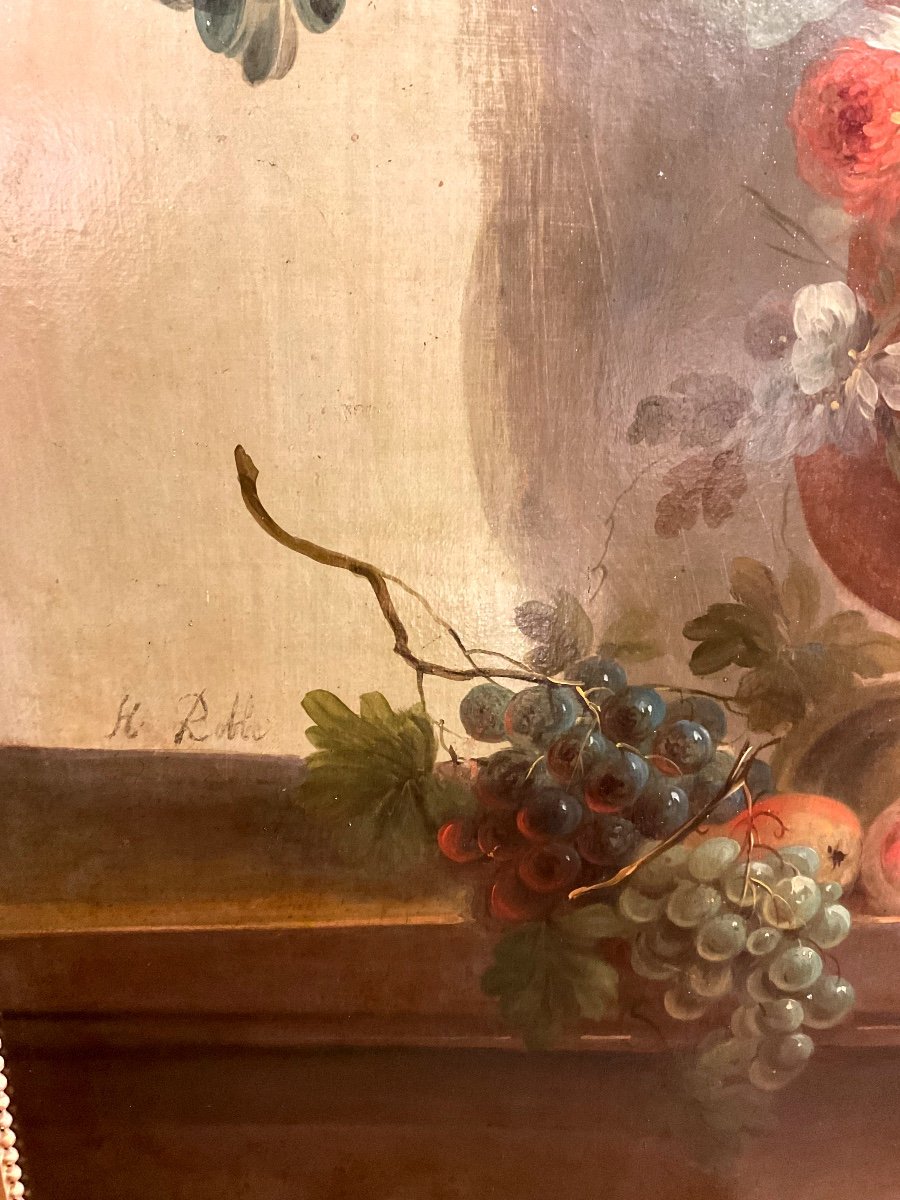 Tableau Par Henri Robbe (1807-1899) « bouquet De Fleur Aux Fruits Dans Un Vases Médicis « -photo-5