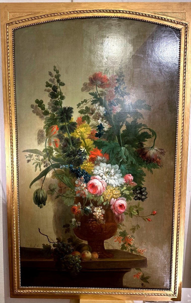 Tableau Par Henri Robbe (1807-1899) « bouquet De Fleur Aux Fruits Dans Un Vases Médicis « 